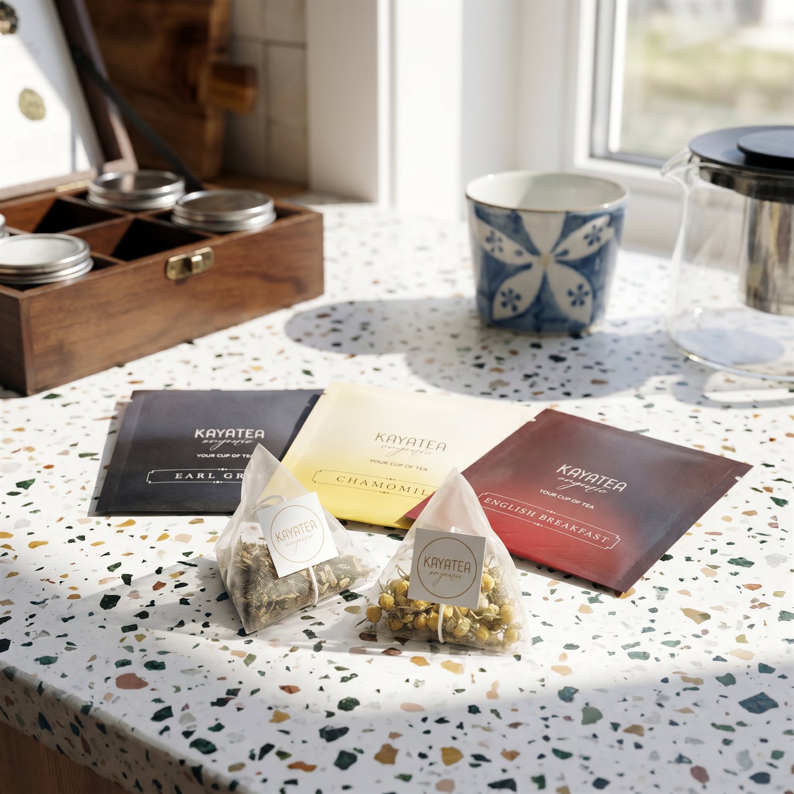 Kayatea pyramid tea sachets and flavor sachets